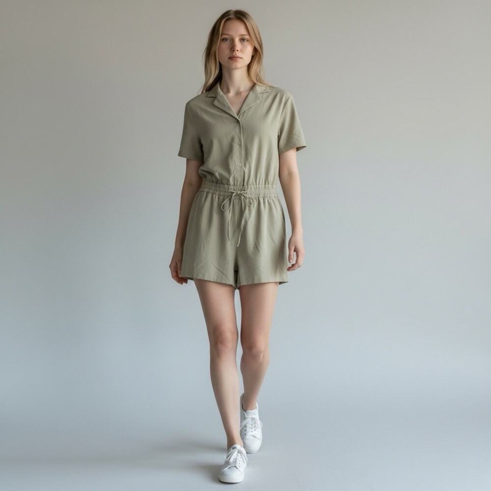EUC! Athleta Short-Sleeve Drawstring Romper in Sage Green